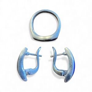 925 Sterling Silver Lapis Inlay Ring Sz 8 and Matching Hinge-post Hoop Earrings